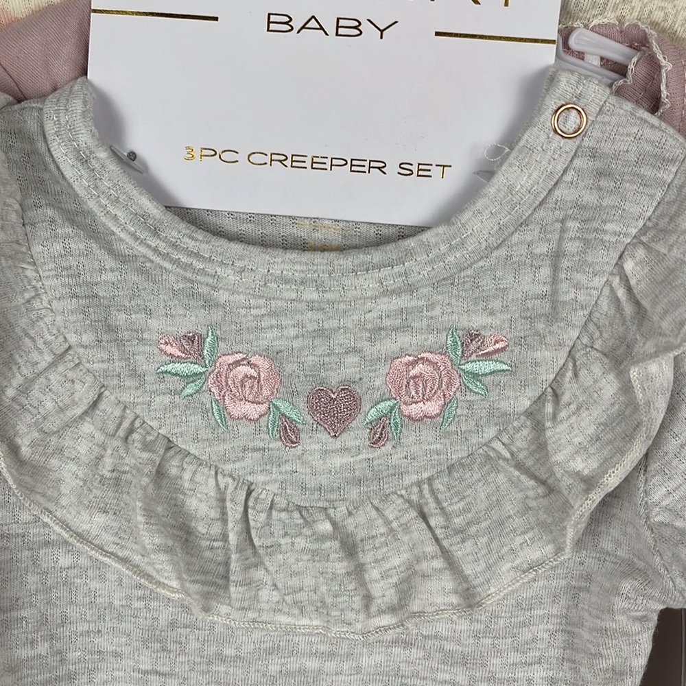 Tahari Baby 3 Piece Creeper Set Bodysuits Gray Rose Yellow Embroidered Solid - Picture 2 of 9